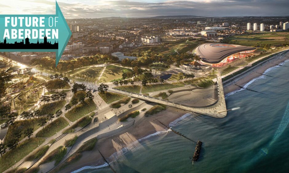 An image of the plans for a new Aberdeen FC stadium at Aberdeen beach with a Future of Aberdeen logo in the top left corner