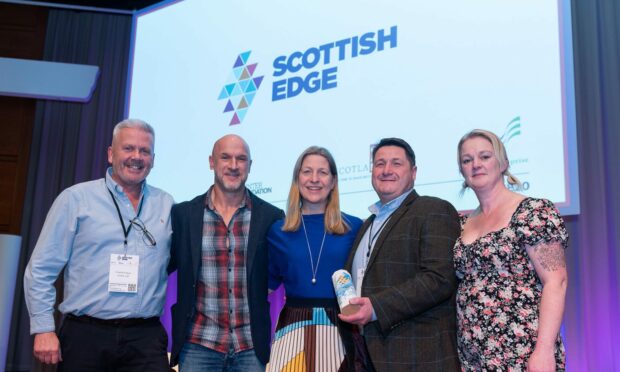 GaitAR won £75,000 at the Scottish Edge Awards Picture shows; GaitAR - (LtoR) Stephen Ryan, David Powney, Judith Cruickshank (RBS), Scott Mcleod, Jude Sims.