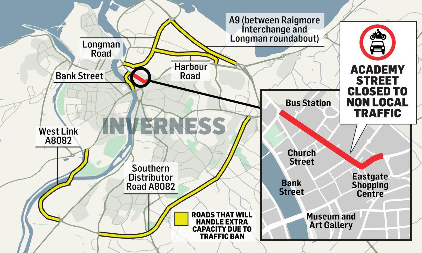 Map of Inverness, with the roads which will handle redirected traffic highlighted in yellow. This includes the A9 between Raigmore Interchange and Longman Roundabout, Longman Road, Bank Street, Harbour Road, West Link A8082 and Southern Distributor Road A8082.