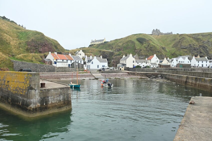 Pennan with the harbour and houses.