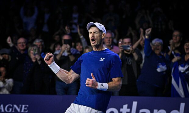 Scotland's Andy Murray celebrates his win over England's Jack Draper at Battle of the Brits - Scotland v England at P&J Live, Aberdeen. Image: Kenny Elrick/DC Thomson
