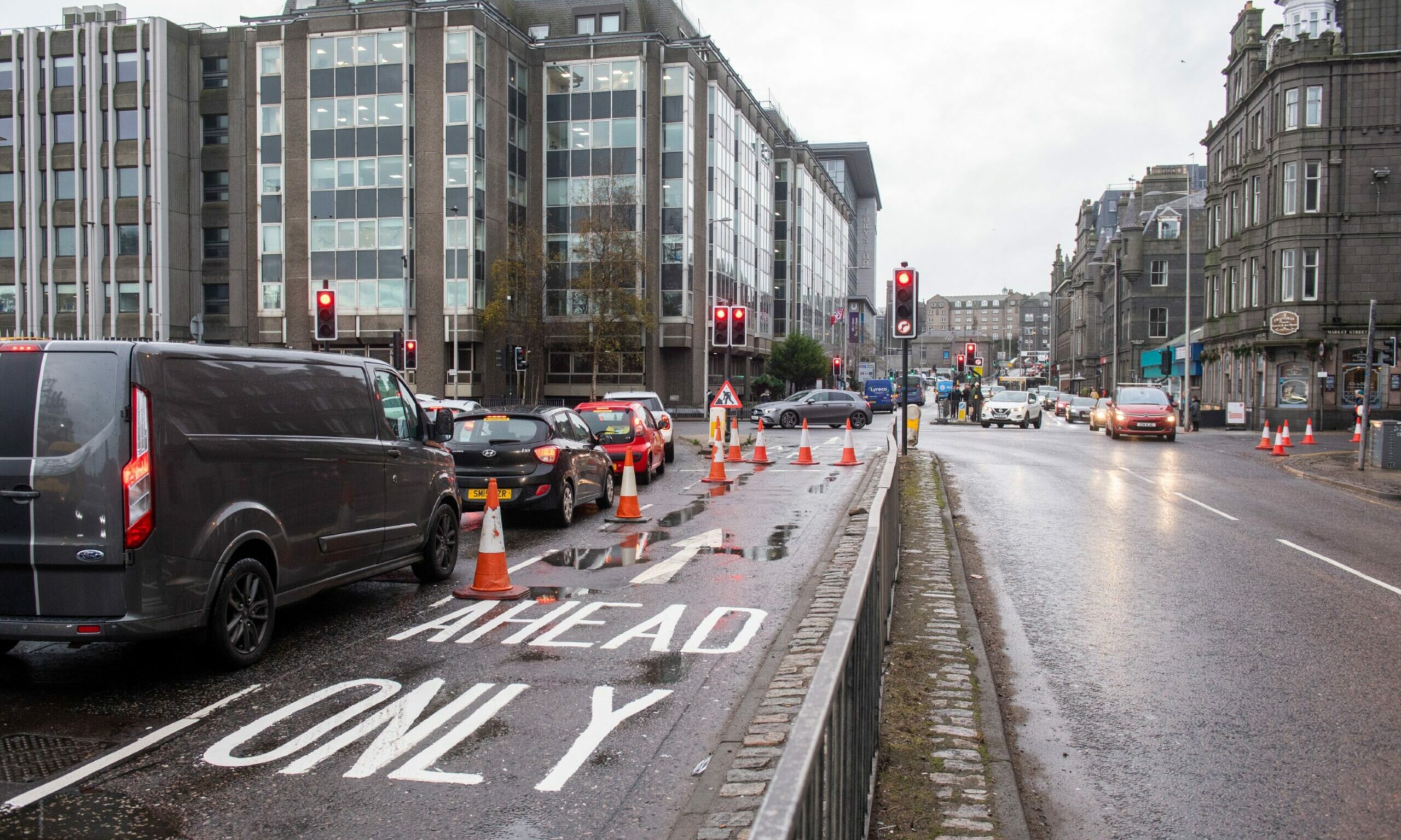 The straight-ahead lane from Trinity Quay onto Guild Street, which was closed off in December.