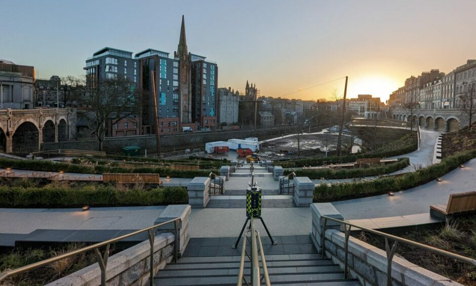 The view down the grand staircase from Rosemount Viaduct in Union Terrace Gardens. There are still hopes of having UTG open by Christmas. Image: Alastair Gossip/DC Thomson, December 20 2022.