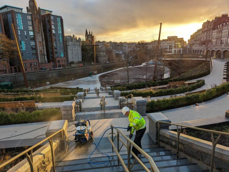 Early on Thursday morning, preparations were made for the public reopening of Union Terrace Gardens in Aberdeen. Image: Alastair Gossip/DC Thomson.