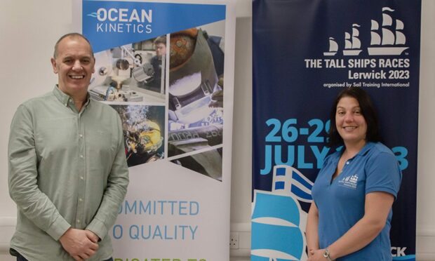 Ocean Kinetics managing director John Henderson and Emma Miller from Tall Ships. Image: Shetland Tall Ships Ltd.