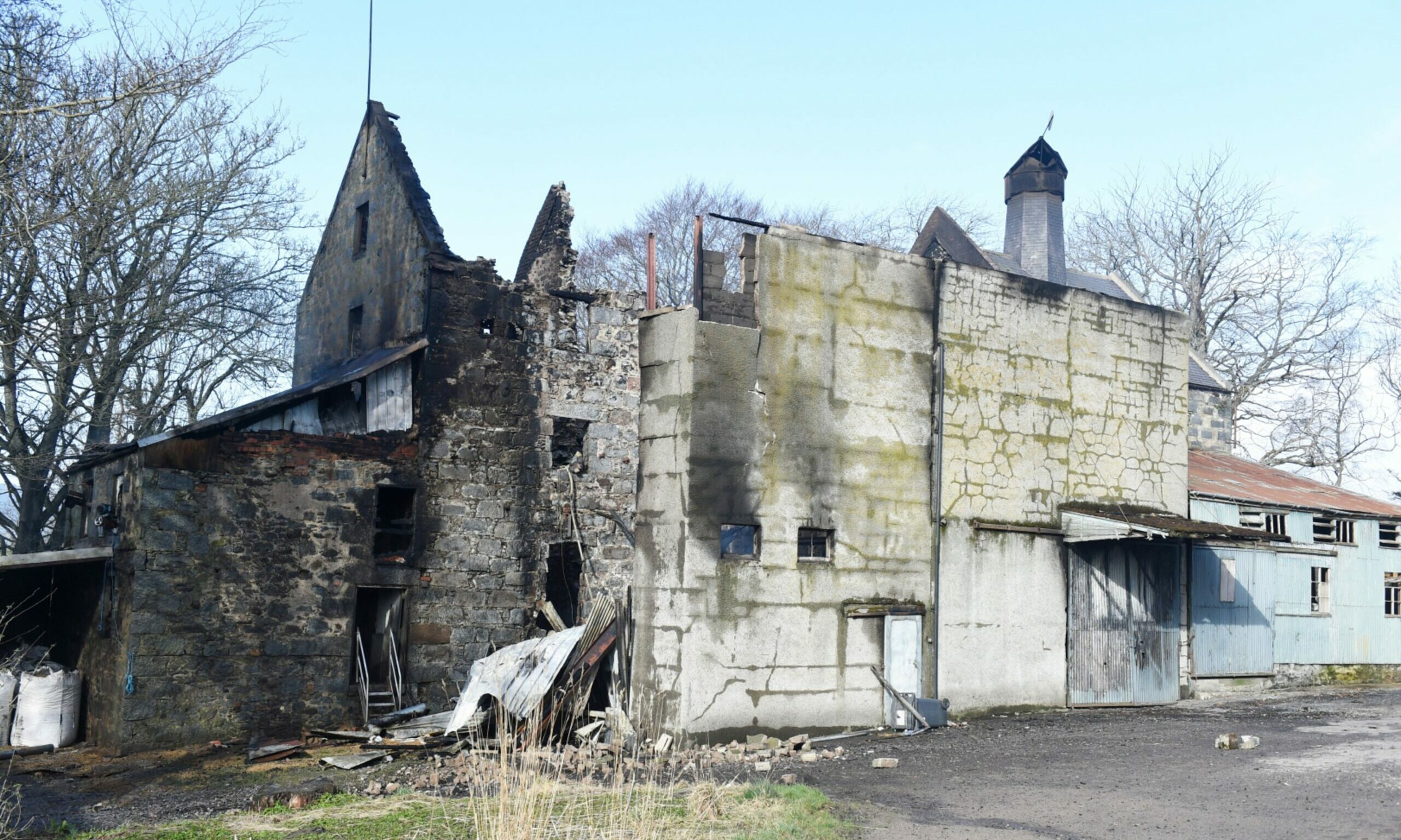 The charred shell of the building. 