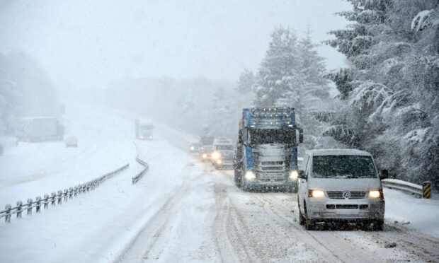 Traffic on the A9 during recent snowfall. Image: Sandy McCook / DC Thomson