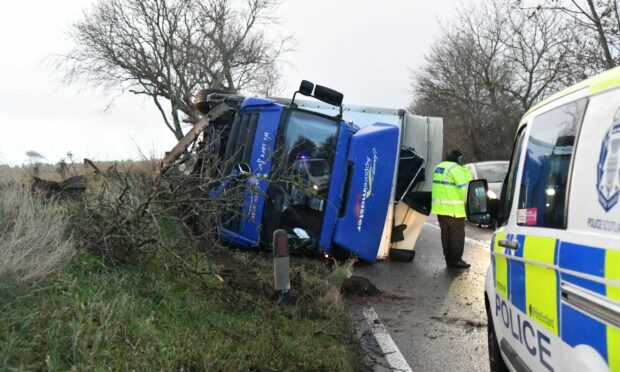 Overturned lorry has closed a section of the A90. Image: Duncan Brown.