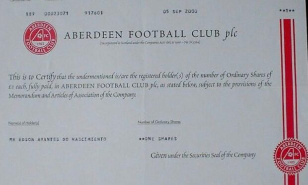 The certificate for one share in Aberdeen Football Club made out to Pele. Image: Nick Archibald