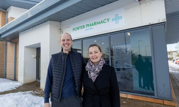 Owners Andy and Lynne Porter outside one of their pharmacies. Image: Scott Baxter / DC Thomson.