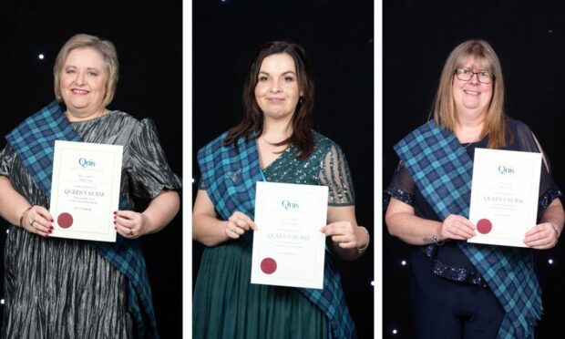 Nicola Dickie, Laura Rothney and Shirley Catto were all awarded the title of Queen's Nurse. Image: QNIS.