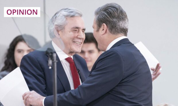 Labour leader Sir Keir Starmer (right) and former prime minister, Gordon Brown, greet each other during a recent Labour Party press conference in Leeds (Image: Danny Lawson/PA)