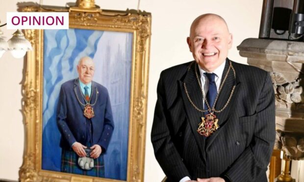 A mock-up of former Lord Provost of Aberdeen, Barney Crockett, beside his official portrait (Image: DC Thomson)