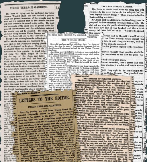 Clippings from The Aberdeen Journal and The Evening Express in the run up to the opening of Union Terrace Gardens the first time around, in 1879. Image: DC Thomson archives.