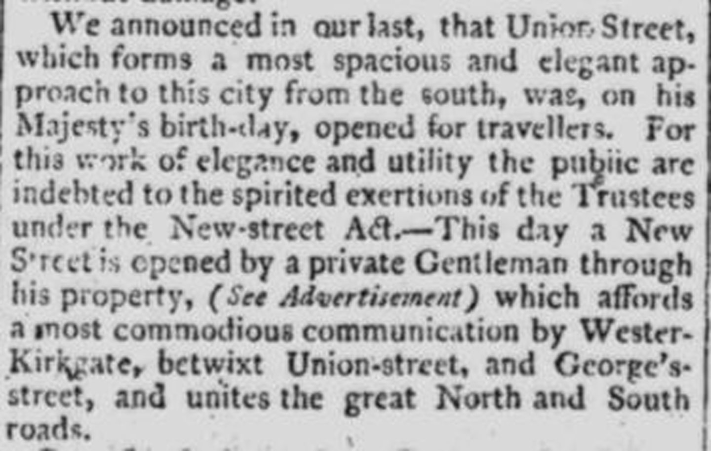 A snippet from The Aberdeen Journal in 1805 which reported on the opening of Aberdeen's Union Street