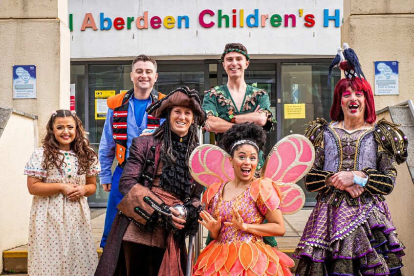 The cast of Peter Pan panto, including Brendan Cole outside Royal Aberdeen Children's Hospital