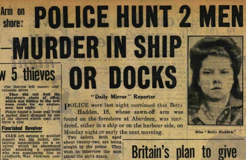Newspaper clipping about police hunting two men over the murder of Betty Hadden in Torry.