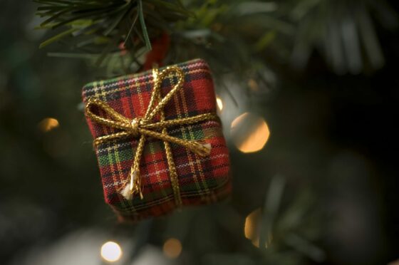 A tartan Scottish Christmas gift decoration on a tree.