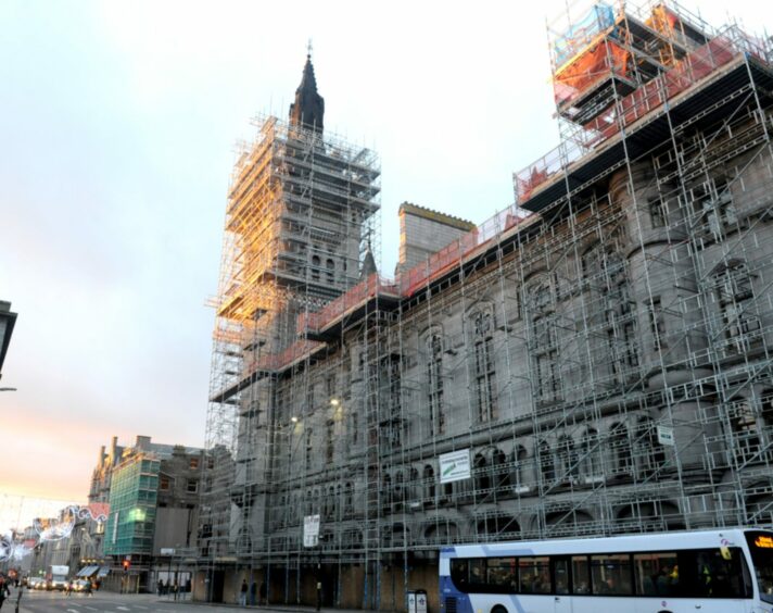 Scaffolding covering the Town House in Aberdeen City Centre