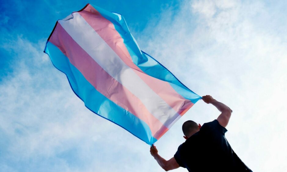 A person holding a transgender flag in the air in the wake of the gender reform bill