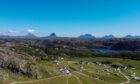 Arial view of Achmelvich Bay in Sutherland, Highlands of Scotland.