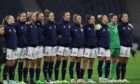 Scotland Women lineup ahead of a World Cup qualifying match at Hampden