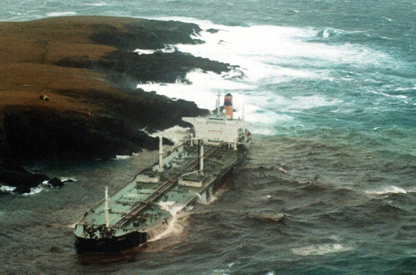 The Braer oil tanker after running aground.