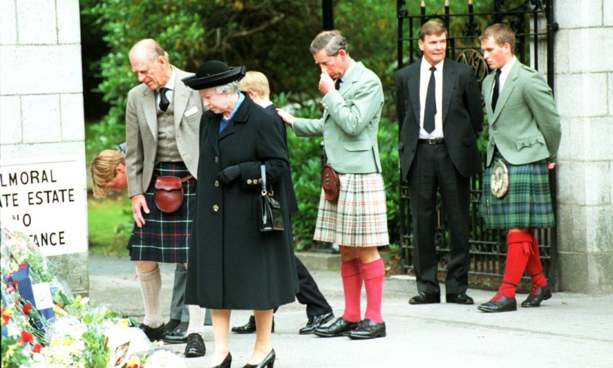 The royal family at the gates of Balmoral Castle, at the time of the scenes now being depicted in The Crown 