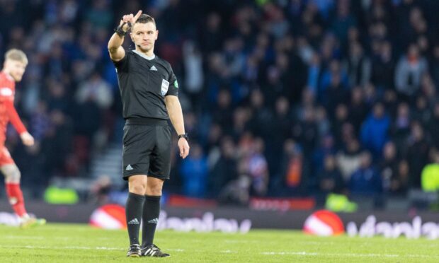 Referee Nick Walsh during the Viaplay Scottish League Cup semi-final match between Rangers and Aberdeen. Image: Shutterstock