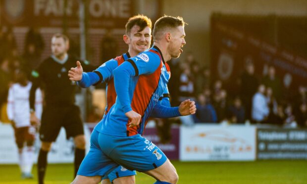 Aaron Doran, left, congratulates Billy Mckay on his opening goal for ICT against Arbroath at Gayfield. Image: Euan Cherry/SNS Group