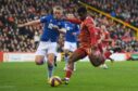 Aberdeen's Luis Lopes (R) scores to make it 1-0 but it is disallowed after a VAR review for offside against St Johnstone. Image: Craig Foy/SNS Group