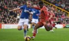 Aberdeen's Luis Lopes (R) scores to make it 1-0 but it is disallowed after a VAR review for offside against St Johnstone. Image: Craig Foy/SNS Group