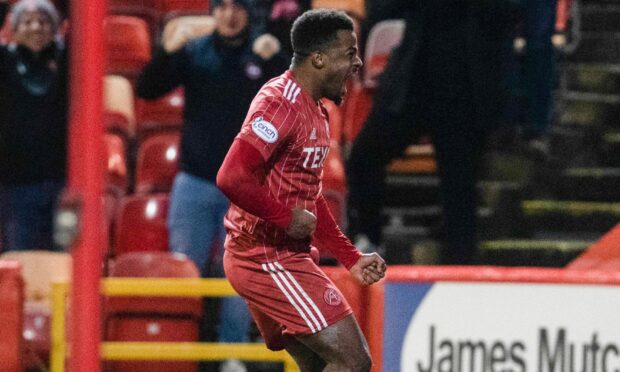 Aberdeen's Luis 'Duk' Lopes celebrates after scoring to make it 1-0 against St Johnstone at Pittodrie. Image: Craig Foy/SNS Group