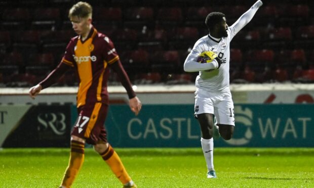 Ross County's Jordy Hiwula celebrates after scoring to make to 1-1 against Motherwell. Image: SNS.