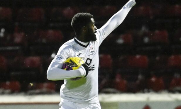 Jordy Hiwula celebrates netting for Ross County against Motherwell. Image: SNS