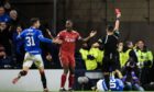 Referee Nick Walsh shows Aberdeen's Anthony Stewart a red card in the League Cup semi-final against Rangers. Image: SNS