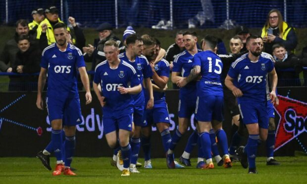 Darvel celebrate the goal that sent Aberdeen crashing out of the Scottish Cup in January. Image: SNS