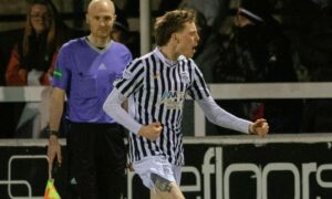 Kane Hester celebrates scoring for Elgin City against Drumchapel United in the Scottish Cup in January. Image: SNS