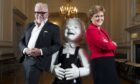 Ellis Watson and Nicola Sturgeon with a statue of DC Thomson character Oor Wullie