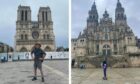 Stuart Nelson outside Notre-Dame Cathedral (L) as he begins his journey and as he finishes at Santiago de Compostela (R) 1,070-miles later. Image:  Stuart Nelson.