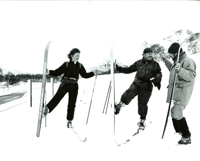 1991 - Louise Mitchell, Paul Cuthbertson and Steve Roberts cross-country skiing in Braemar.