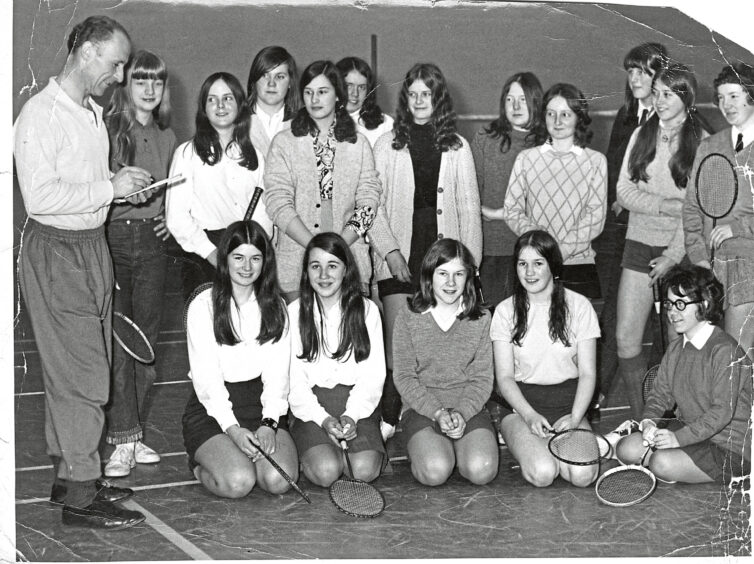 1971 - Badminton enthusiasts of Banchory Academy with Mr G. Murray, principal physical education teacher.