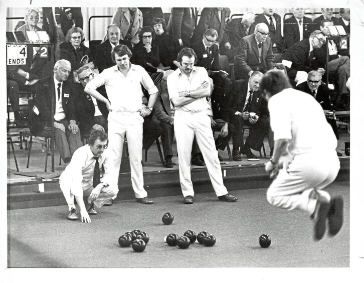 1979 - Welshman Peter Austerberry jumps for joy at the British Isles Indoor Bowling Championships at the club.