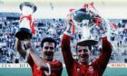 Charlie Nicholas and Paul Mason celebrate after beating Rangers in the 1989 Leauge Cup Final
