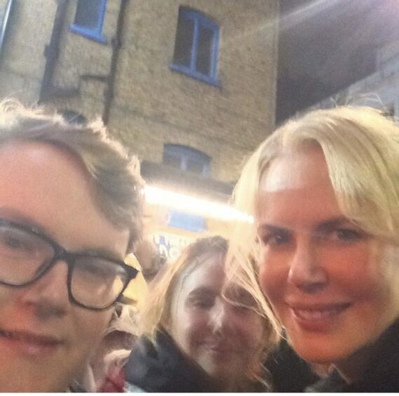 A selfie of Aberdeen Mastermind contestant James Davidson with Nicole Kidman at the stage door after her performance in a play.