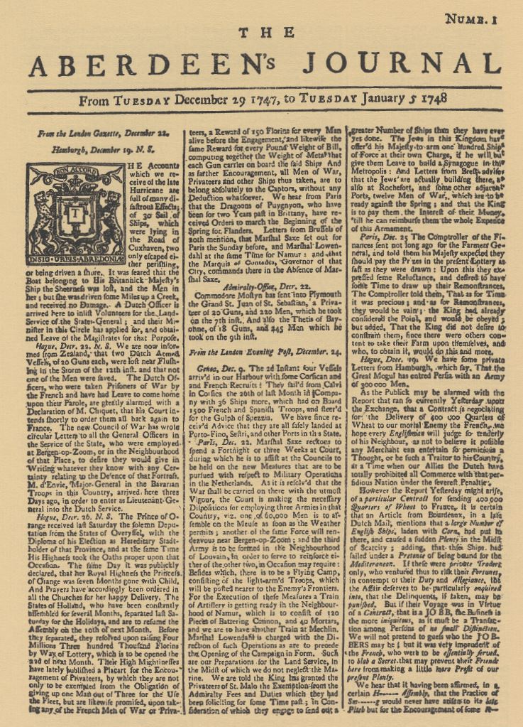Front page of the first edition of The Press and Journal newspaper.