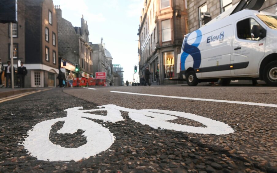 The start of work to install bike lanes and a one-way system in Schoolhill, Aberdeen, in January 2023. Image: Chris Sumner/DC Thomson