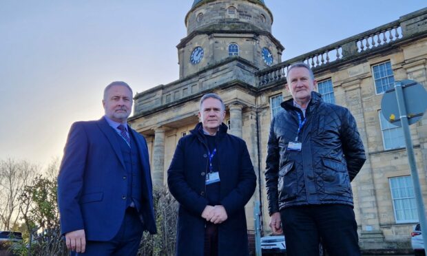 NHS Grampian's strategic asset manager Graeme Legge, Dr Gray's general manager Alasdair Pattinson and the health board's head of property and asset development Gerry Donald. Image: NHS Grampian.