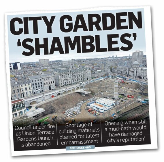The Evening Express made a front page splash out of the last-minute cancellation of the Union Terrace Gardens opening in the April 27 edition. "City gardens shambles," it read. Image: DC Thomson.