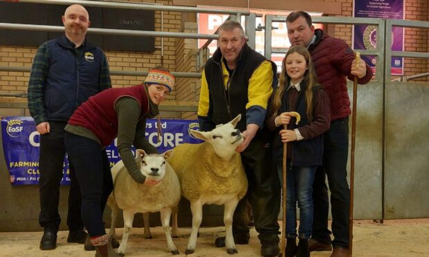 Show winners from left, Rab Lawson of sponsors East of Scotland Farmers, 
Stasa Moyse with the reserve champion, Robbie Wilson holding his overall champion, and judges Graeme and Fallon Mather.